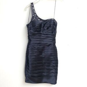 Adrianna Papell Navy One Shoulder Rouched Dress 8P